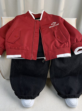 英国KABEI TREE男童棒球服夹克2026新款宝宝春装外套长袖红色上衣