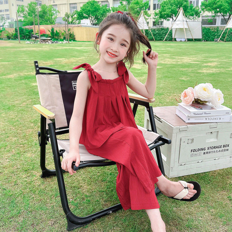 英国KABEI TREE女童夏套装2026新款套装吊带阔腿裤红色洋气两件套
