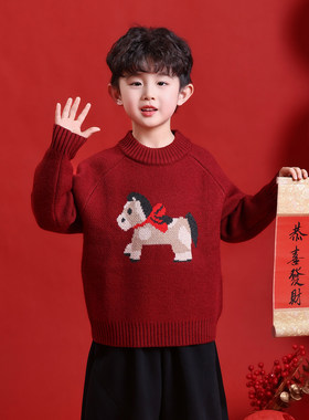 英国KABEI TREE红色毛衣男童马年新年秋冬季加厚复古马甲柔软保暖