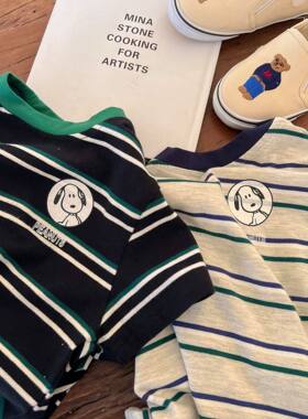 英国KABEI TREE男童短袖t恤条纹2026新款夏季圆领上衣纯棉可爱潮T