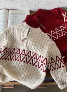 英国KABEI TREE男童毛衣儿童过年红色半拉链套头针织衫喜庆拜年服