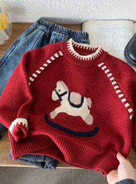 英国KABEI TREE儿童红色毛衣加厚超好看男女童马年本命年针织衫