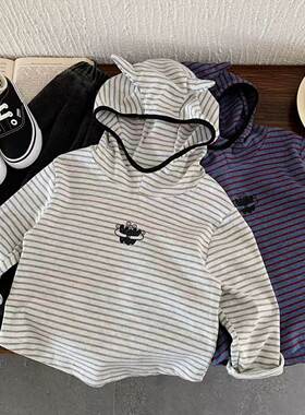 英国KABEI TREE儿童连帽t恤男女童春秋季新款条纹帽衫打底衫洋气