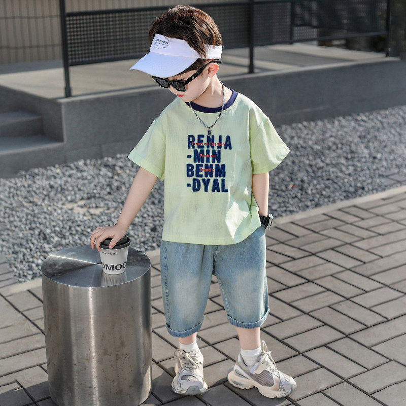 英国KABEI TREE男童套装夏季2026新款休闲短袖t恤牛仔短裤两件套