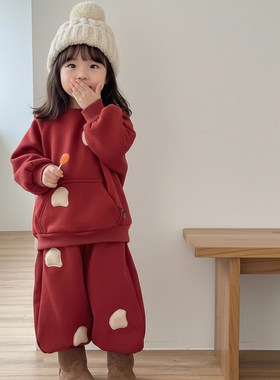 英国KABEI TREE儿童红色卫衣套装加绒加厚男孩女孩新年喜庆过年服
