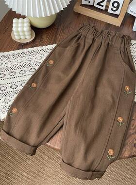 英国KABEI TREE女童裤子2026新款春秋季儿童刺绣洋气休闲哈伦裤子