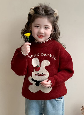 英国KABEI TREE红色毛衣女童超好看冬季冬款打底本命年加厚拜年服