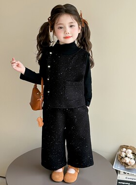 英国KABEI TREE女童套装春秋季新款洋气时髦亮钻马甲阔腿裤三件套