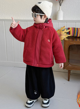 英国KABEI TREE男童拜年服红色喜庆棉服宝宝过年新年摇粒绒外套潮