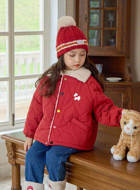 英国KABEI TREE女童红色棉服新年外套冬季加厚加绒保暖超好看洋气