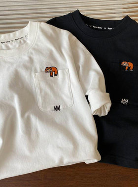 英国KABEI TREE男童t恤儿童春秋纯棉打底衫白色T洋气宽松长袖上衣