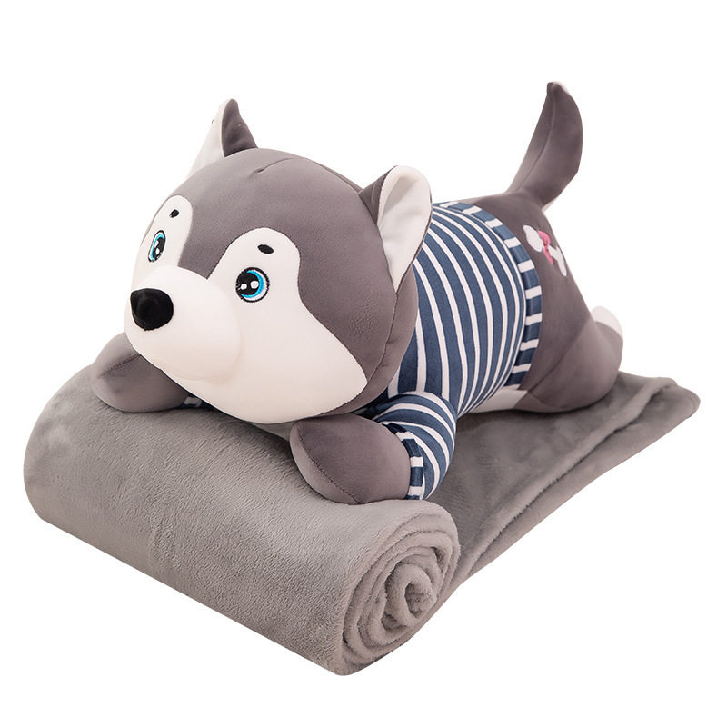 2026新款卡通空调被抱枕哈士奇毛绒公仔玩具二合一办公室午睡毯子