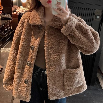 1688阿里巴巴外贸女装出口秋冬季加厚羊羔绒外衣保暖气质开衫外套