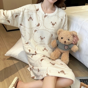 韩版珊瑚绒睡裙女秋冬季中长款加绒法兰绒睡衣女冬天可爱加厚保暖