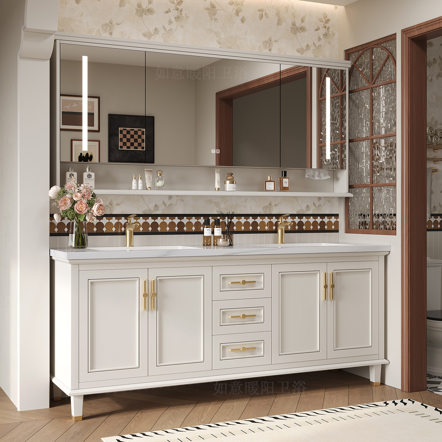 美式双盆浴室柜组合岩板无缝陶瓷盆白色洗手盆洗漱台现代简约浴柜