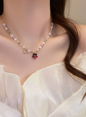 日韩彩色串珠花朵项链女
