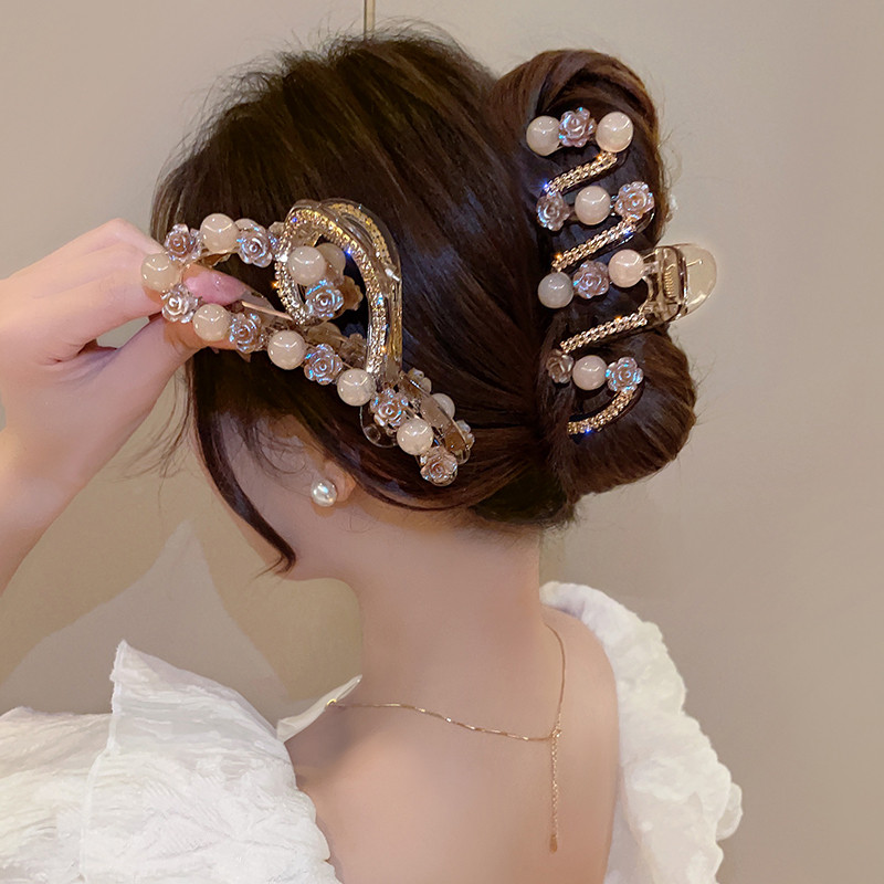 日韓樹脂材質鑲鉆玫瑰花發夾抓夾