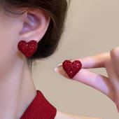 百搭红色爱心耳钉女可爱气质925银针过年耳环轻奢高级感新年耳饰