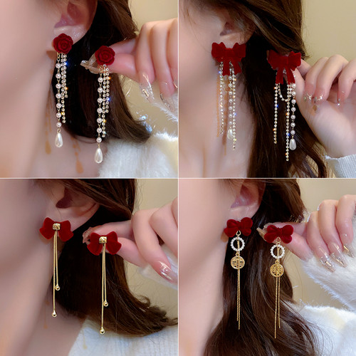 日韩丝绒女水钻气质蝴蝶结耳环
