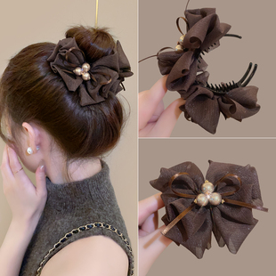 法式 高级感丸子头珠珠马尾发夹头饰 优雅气质蝴蝶结抓夹女2026新款
