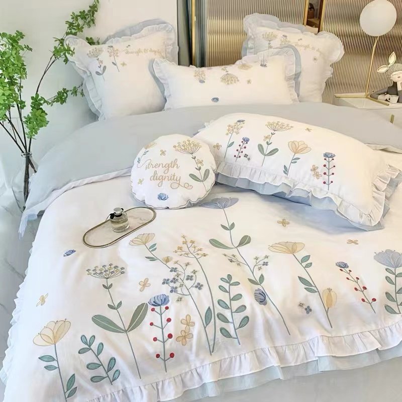 韩式公主风少女心四件套全棉纯棉白色床单被套小清新小花床上用品