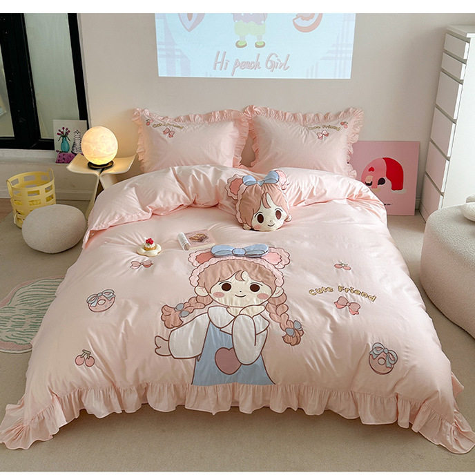 可爱卡通小女孩纯棉床上四件套少女心全棉床单被套儿童学生三件套
