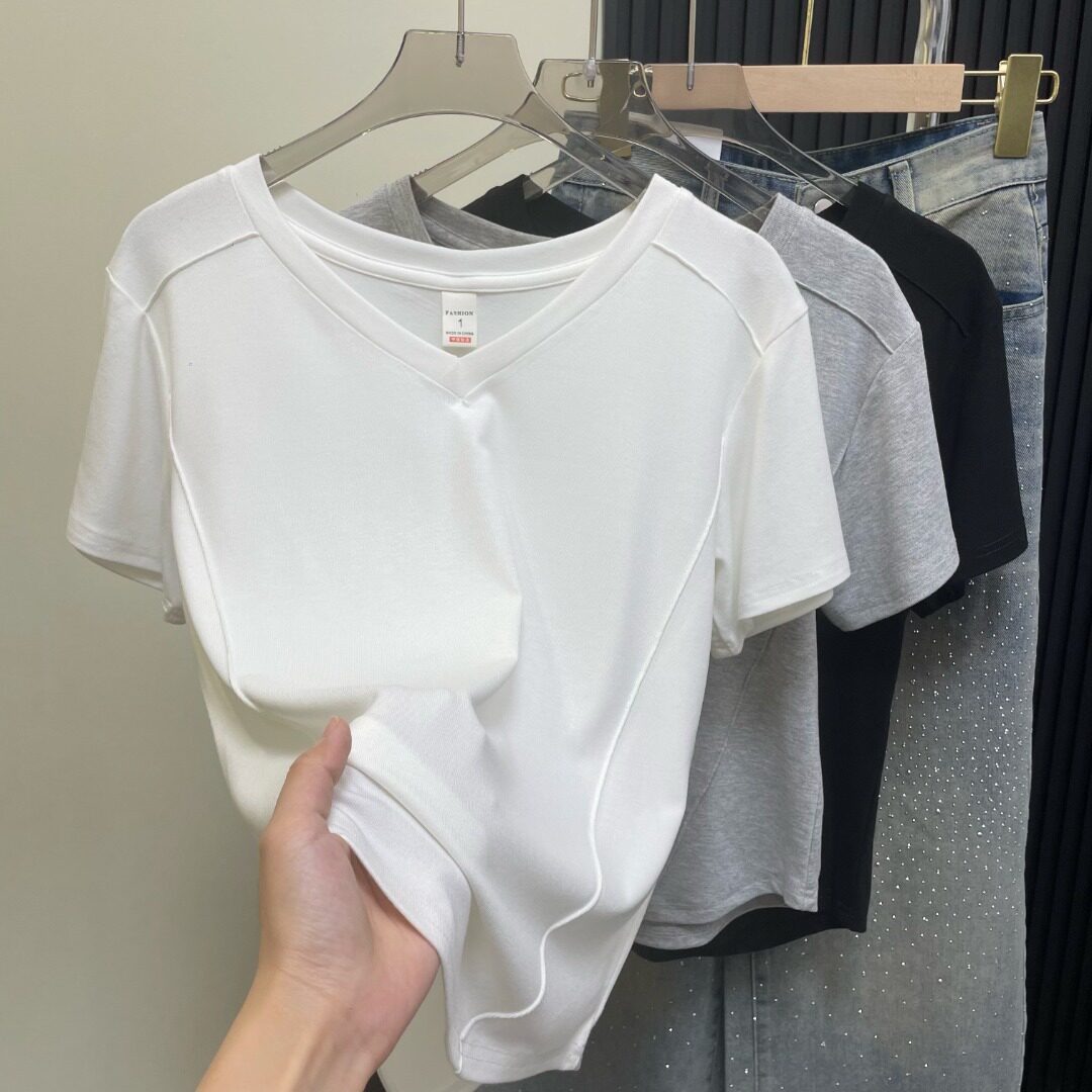 纯色V领正肩短袖T恤夏季薄款大码修身显瘦上衣内搭打底衫通勤百搭