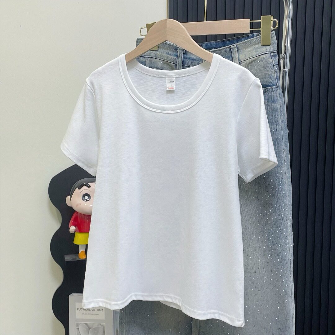 白色短袖正肩t恤女2026夏季新款圆领大码修身显瘦基础款打底上衣