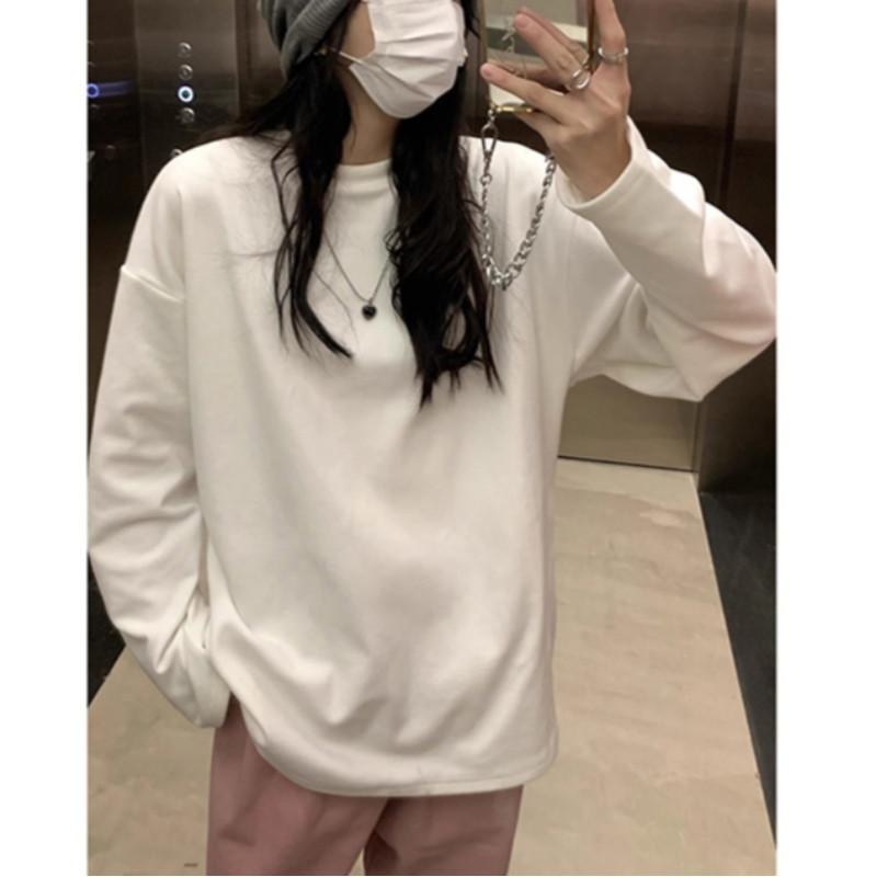 美式白色打底衫女秋冬保暖内搭纯色长袖上衣显瘦百搭大码加绒t恤