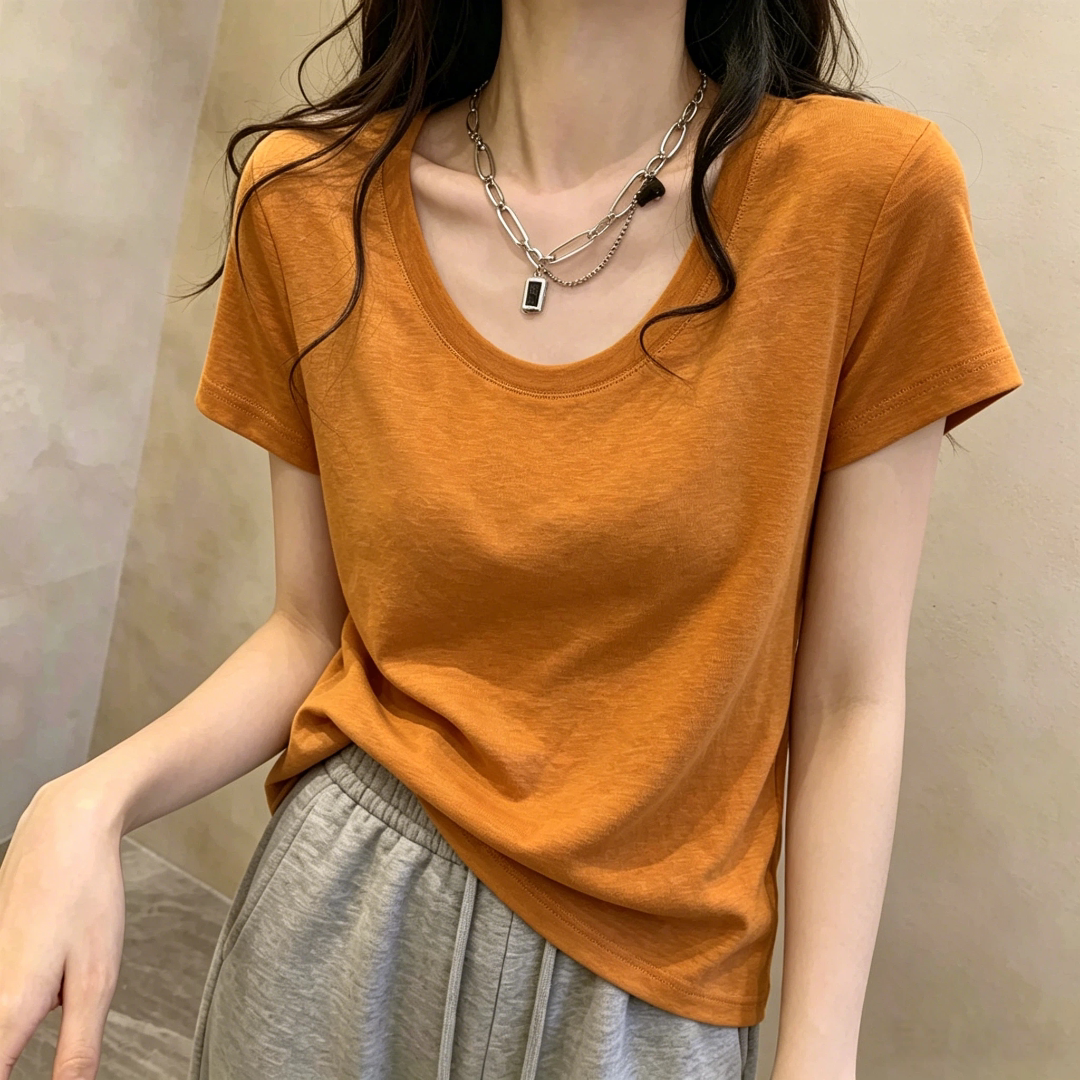 纯色简约U领短袖打底t恤夏季新款女装大码显瘦纯欲风百搭休闲上衣