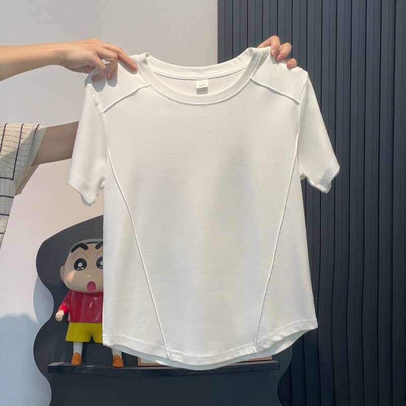 白色圆领正肩显瘦短袖T恤夏季韩版休闲大码女装设计感收腰打底衫