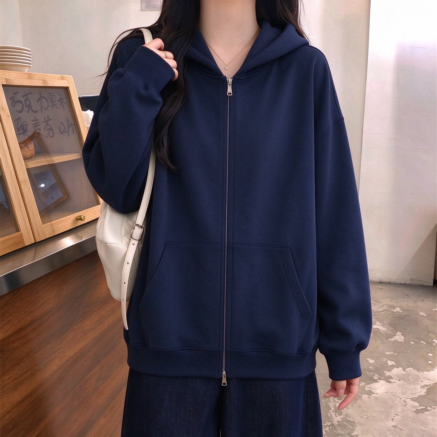 时尚百搭连帽开衫卫衣女春秋季宽松显瘦大码设计感双拉链外套上衣