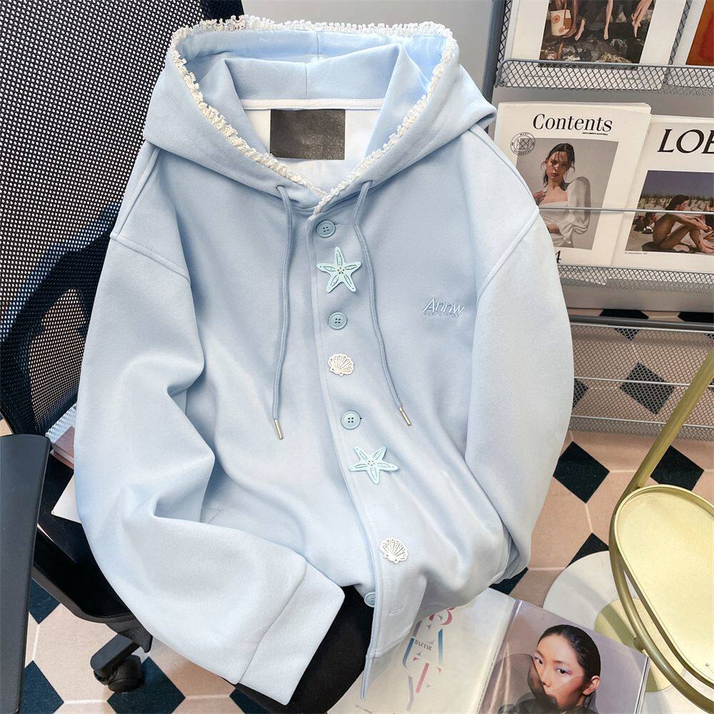减龄大码甜美学院风百搭秋冬款蓝色多巴胺刺绣开衫连帽卫衣男女