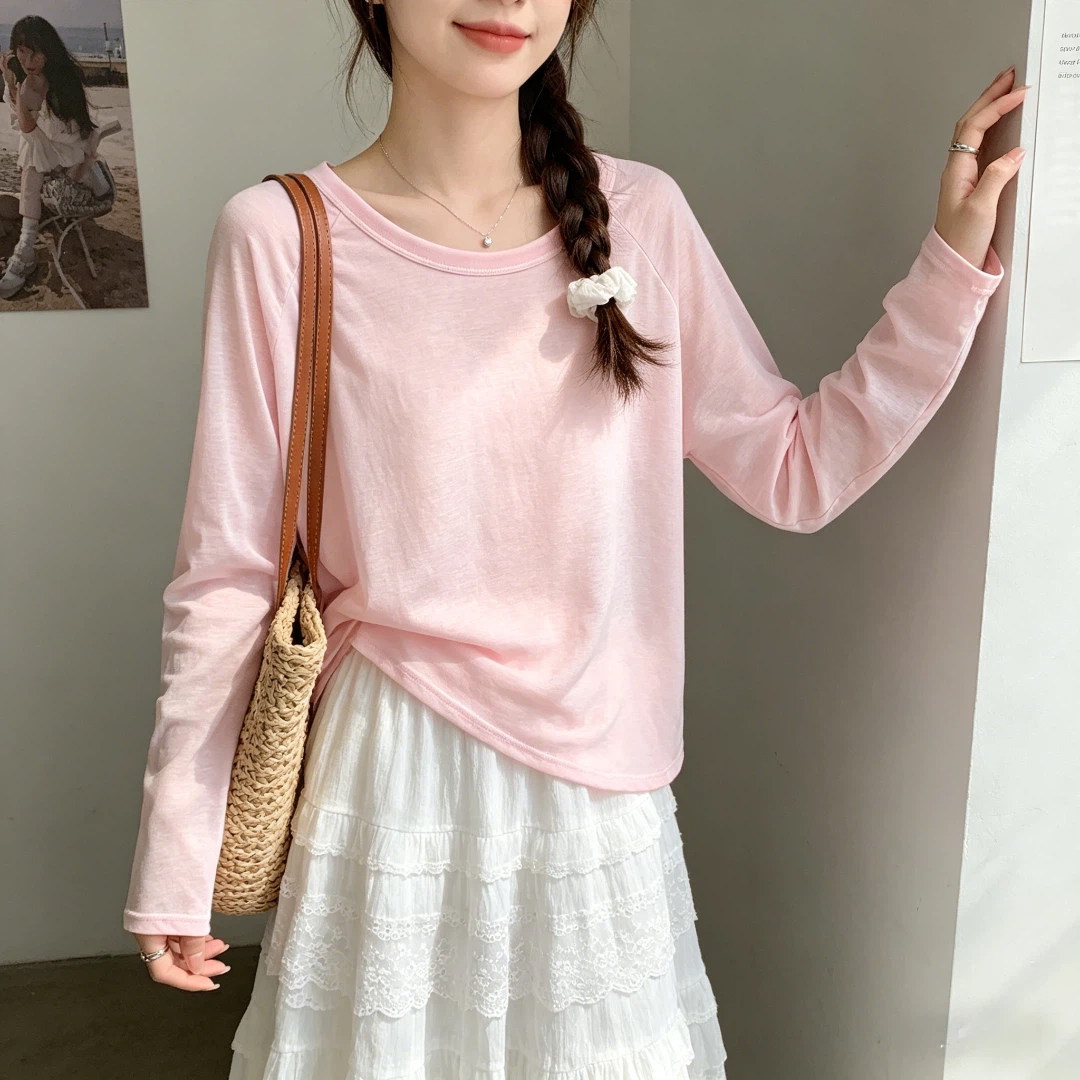 夏季新款通勤防晒长袖T恤女简约大码慵懒风宽松圆领套头罩衫上衣