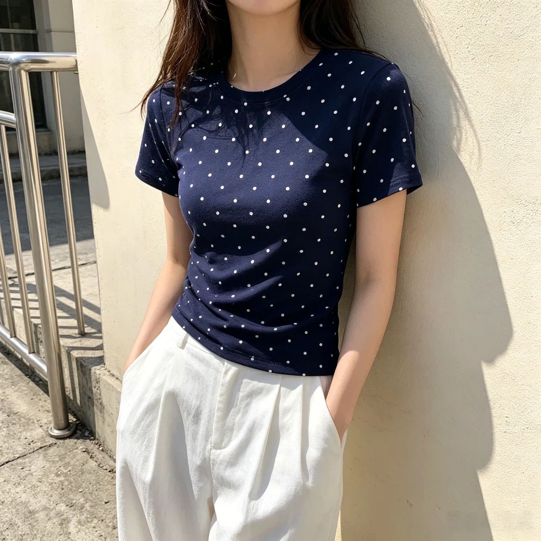 夏季独特波点氛围感上衣圆领修身上衣女白色正肩大码显瘦短袖T恤