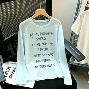 大码慵懒风插肩字母印花长袖T恤女夏季薄款宽松显瘦防晒罩衫上衣