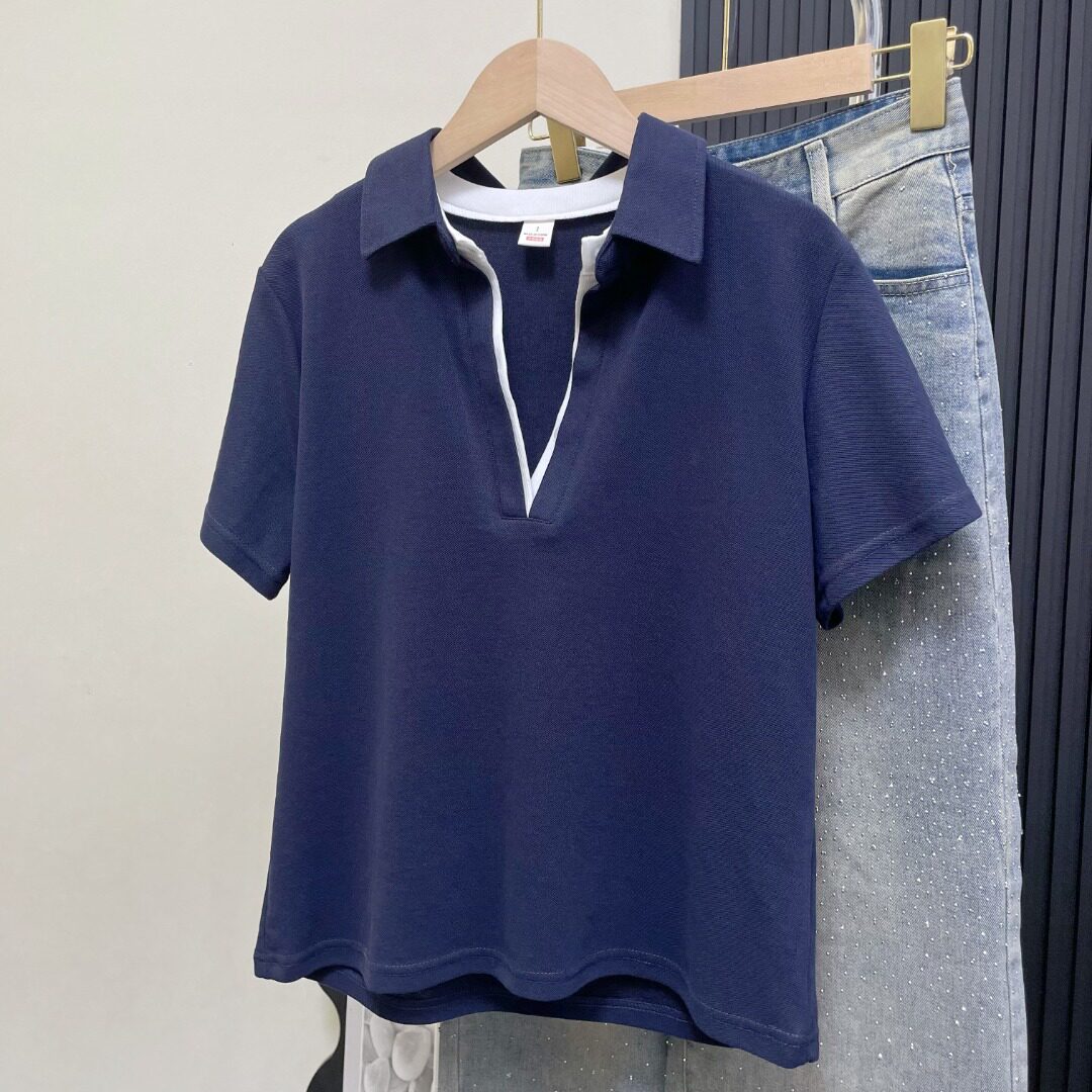 夏季假两件撞色拼接翻领正肩polo衫女款ins设计感大码显瘦短袖t恤