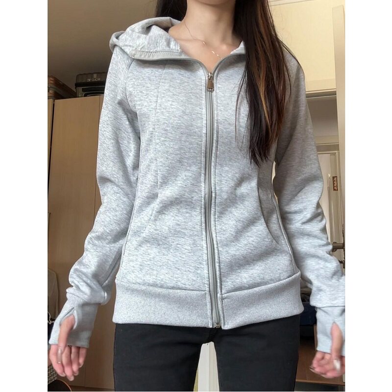秋冬新款大码显瘦收腰韩系运动风连帽上衣修身开衫拉链卫衣外套女