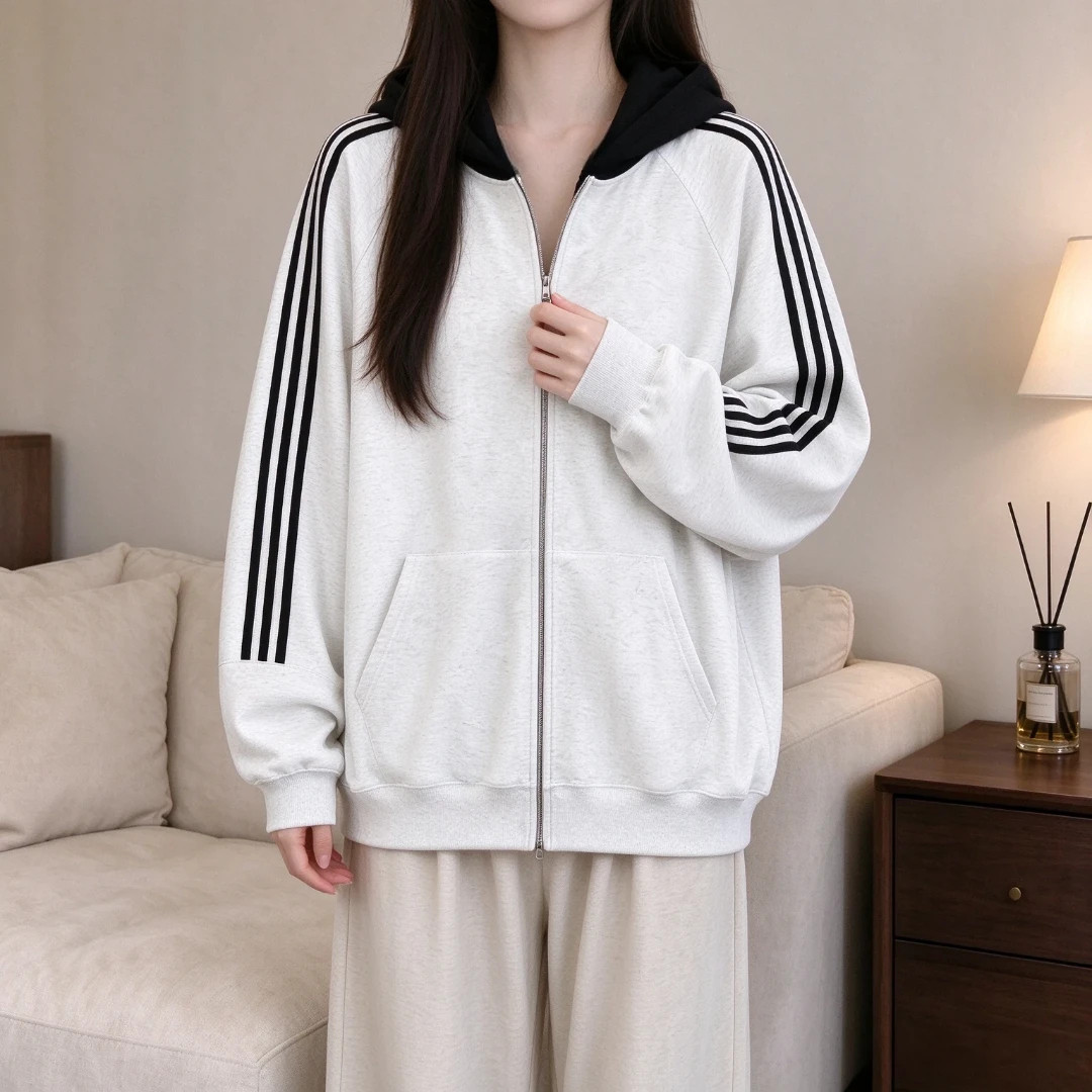 2026春秋季新款加绒卫衣外套女款oversize宽松大码连帽开衫上衣服