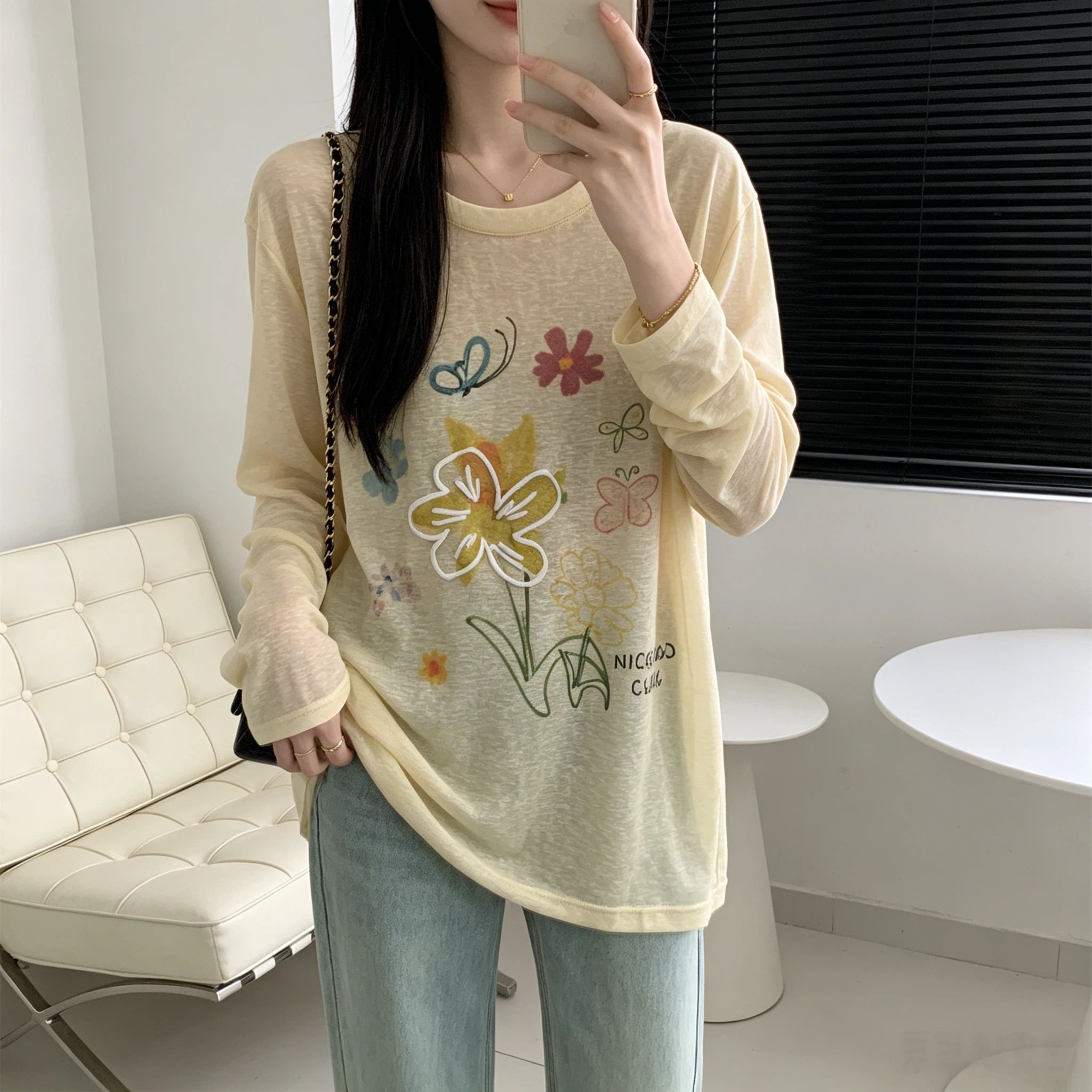 时尚防晒罩衫女薄款中长款设计感宽松大码慵懒风轻薄透气长袖t恤