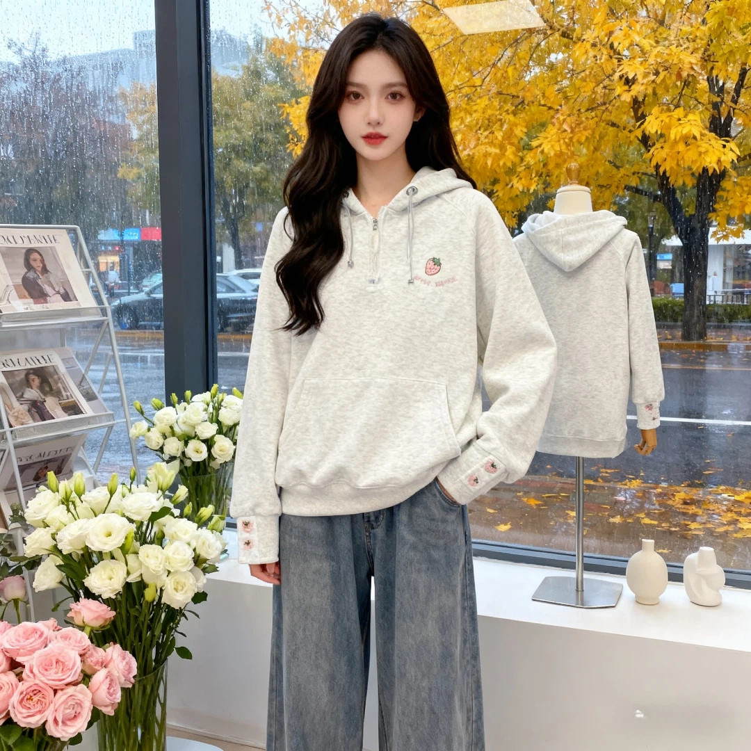 韩版灰色连帽卫衣男女甜美减龄大码加绒加厚宽松显瘦百搭休闲外套