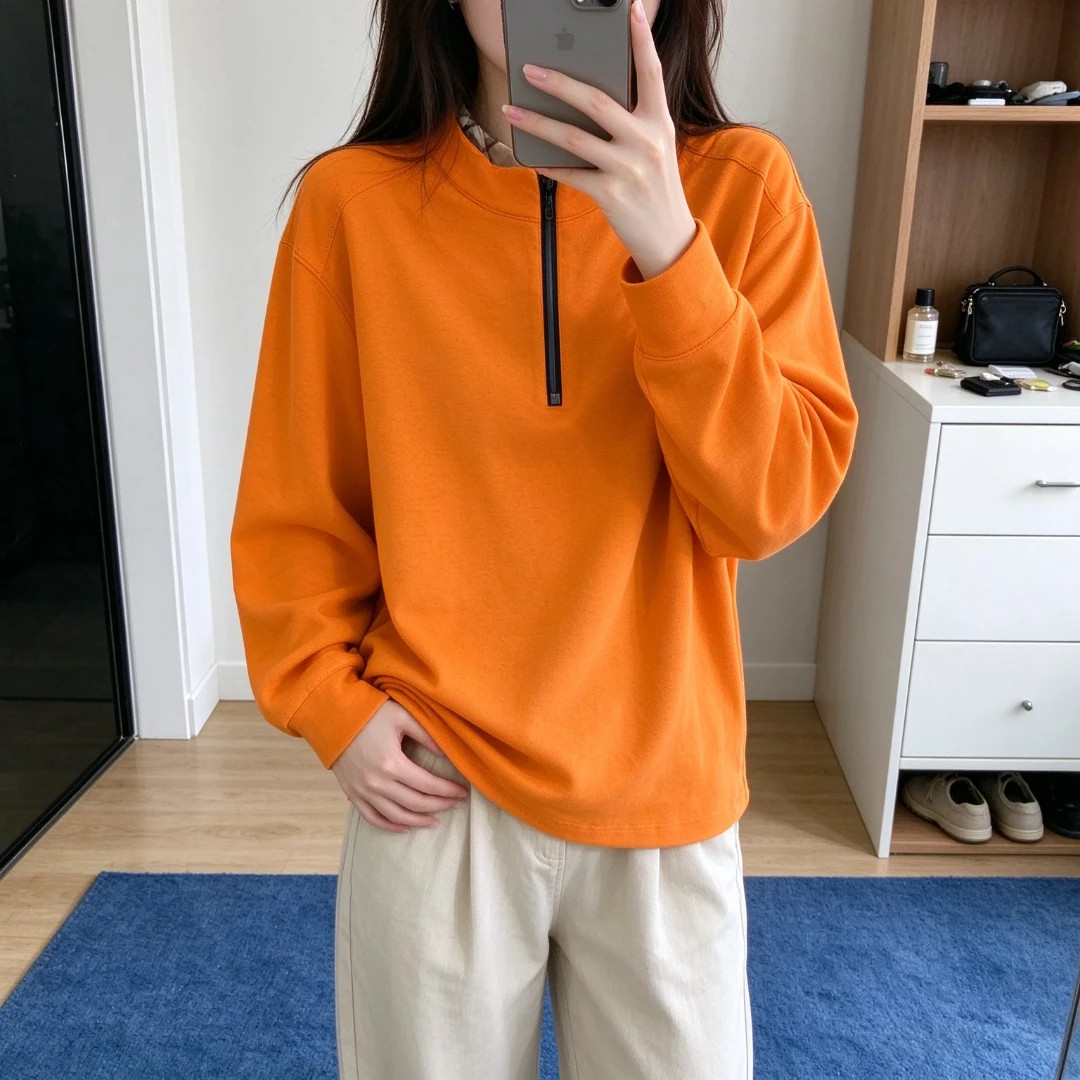 设计感立领半拉链长袖卫衣女小个子秋冬新款宽松大码个性百搭上衣