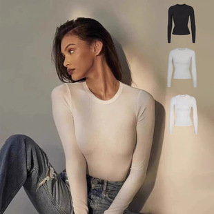 现货质感亲肤skims正肩莫代尔弹力紧身运动长袖t恤收腰上衣打底