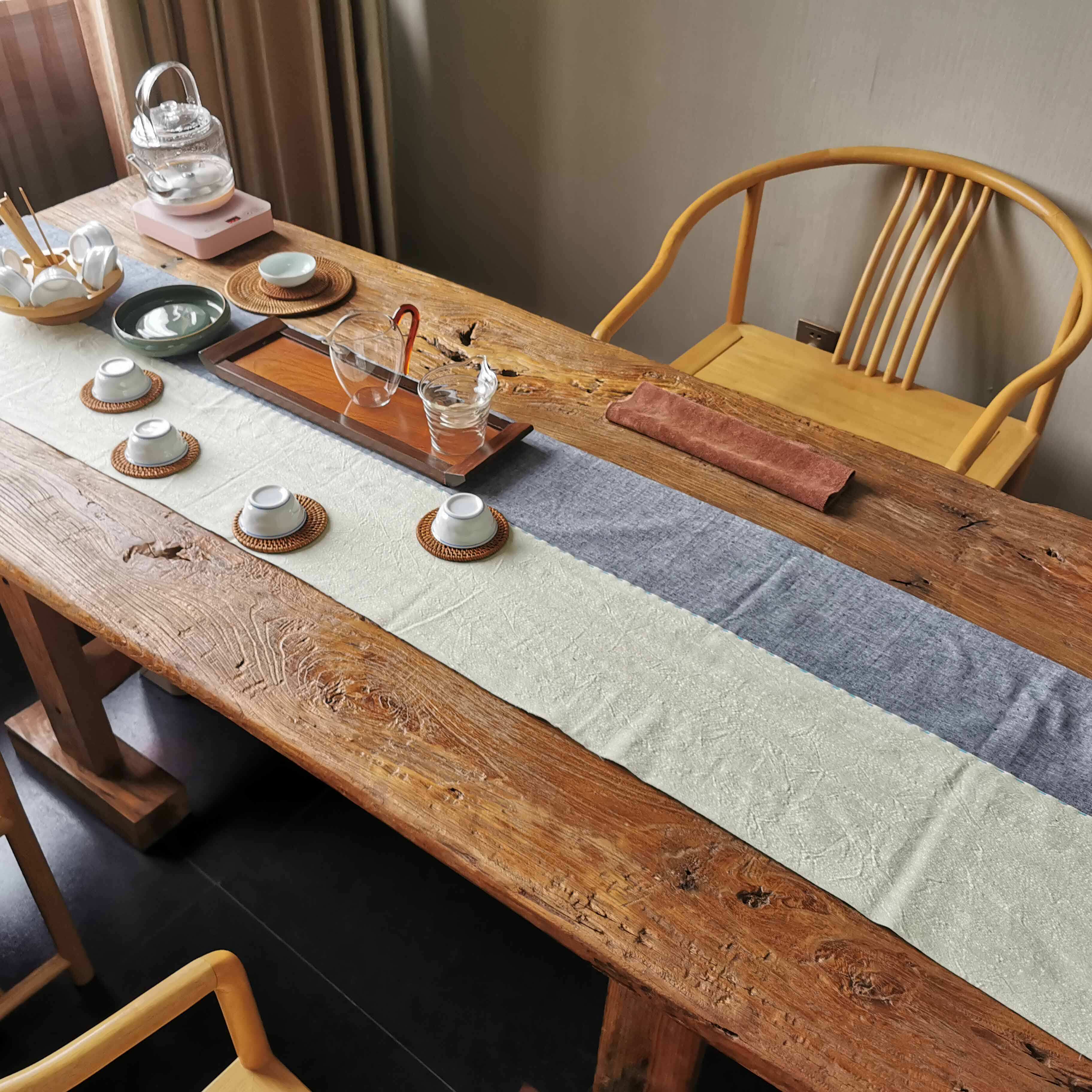春秋源鲁锦素茶席手工拼布桌旗茶垫纯棉简约田园