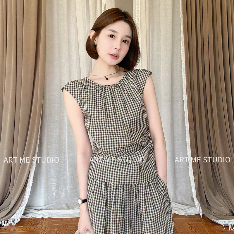 ARTME瓜瓜 格纹圆领无袖衬衫女夏季收腰显瘦小飞袖上衣w1590j1-2