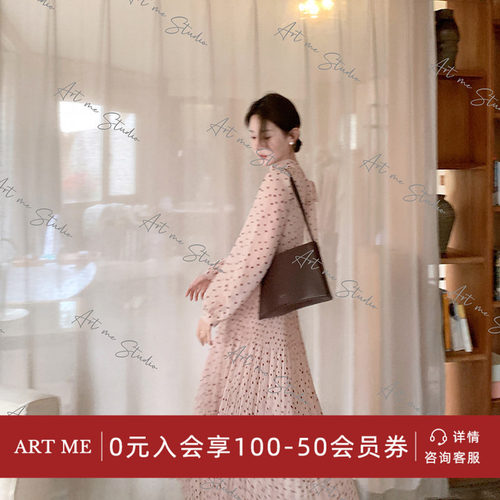 ARTME瓜瓜 复古波点浪漫唯美系带两色套装女夏季灯笼袖高腰百褶裙