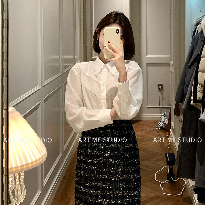 ARTME瓜瓜 法式蕾丝温柔气质修身衬衫女秋冬通勤百搭宽松白色上衣