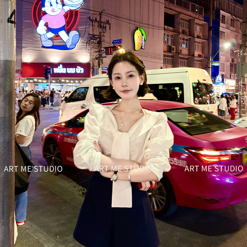 ARTME瓜瓜 一字肩大翻领减龄少女风衬衫女夏季短款落肩系带棉上衣