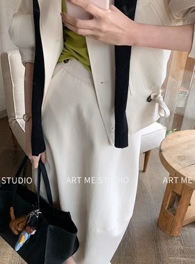 ARTME瓜瓜 莱赛尔棉立领抽绳设计外套上衣女春季直筒半裙裤套装