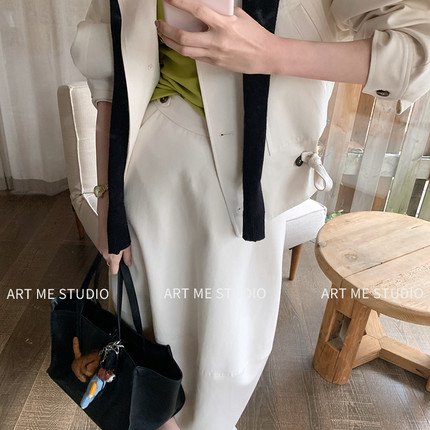 ARTME瓜瓜 莱赛尔棉立领抽绳设计外套上衣女春季直筒半裙裤套装